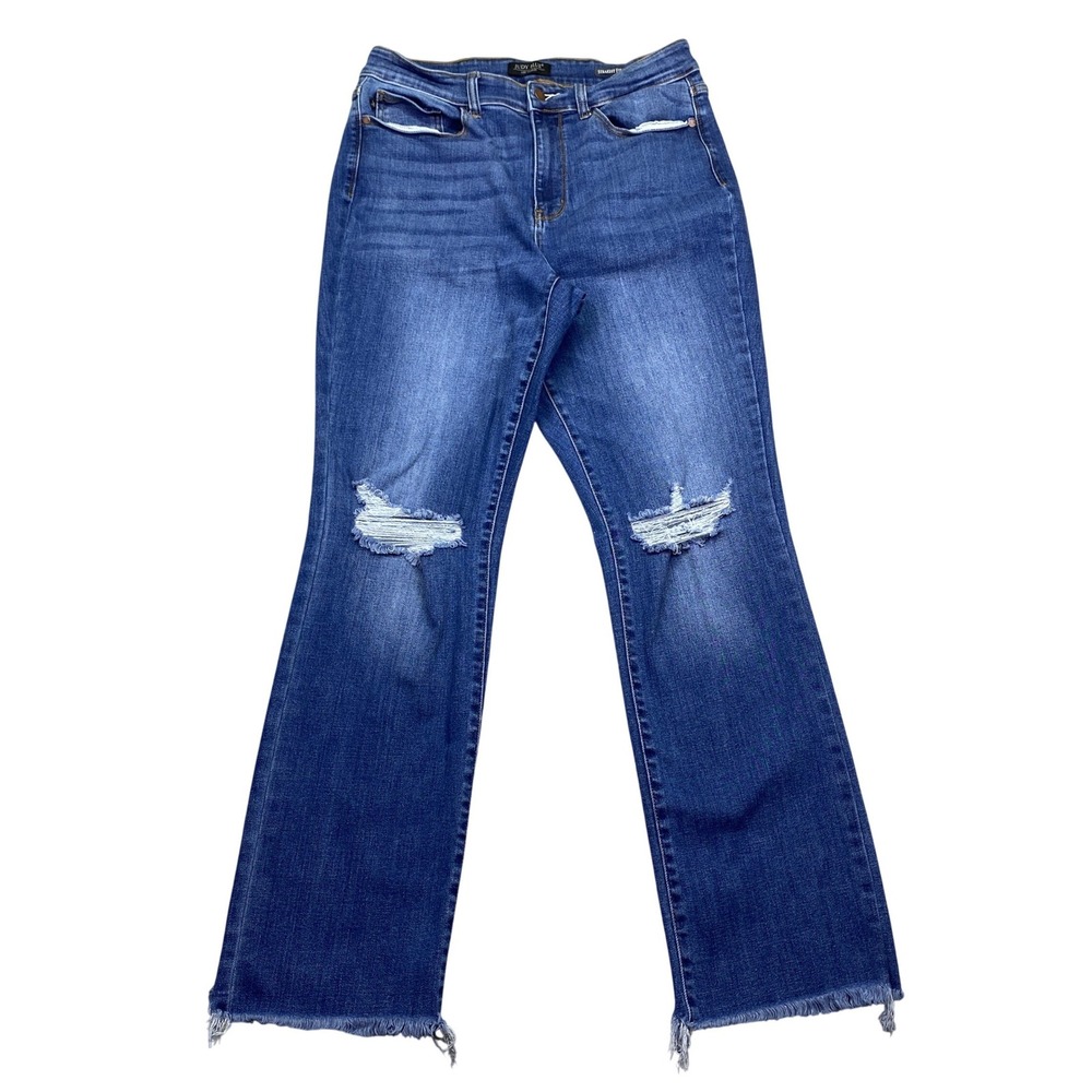 Judy Blue Straight Fit Distressed Raw Hem Jeans Blue 14W High Rise Grunge Retro